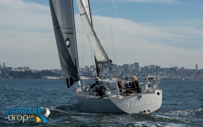 David Ross-Suzanne Lee sailing the seldom seen Express 37 Traveler to glory in the Double Handed - 2015 Rites of Spring © Pressure Drop . US